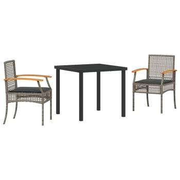 3-teiliges Garten-Ess-Set mit Kissen Grau Poly-Rattan