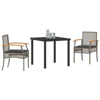3-teiliges Garten-Ess-Set mit Kissen Grau Poly-Rattan