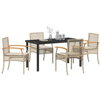 5 Teiliges Garten-Ess-Set mit Kissen Beige Poly-Rattan