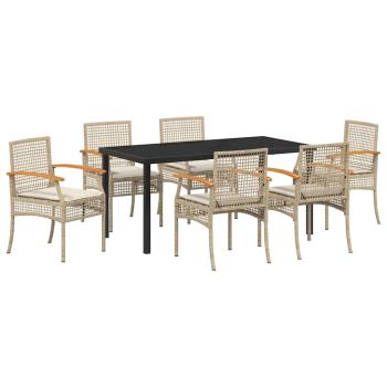 7-teiliges Garten-Essset mit Kissen Beige Poly-Rattan