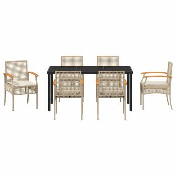 7-teiliges Garten-Essset mit Kissen Beige Poly-Rattan