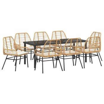 9-teiliges Garten-Esszimmer-Set mit Kissen Braun Poly-Rattan