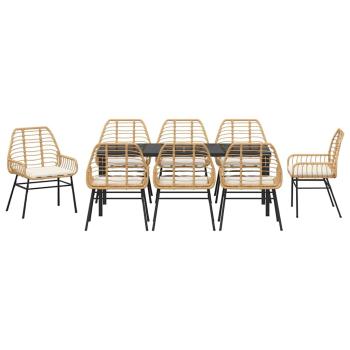 9-teiliges Garten-Esszimmer-Set mit Kissen Braun Poly-Rattan