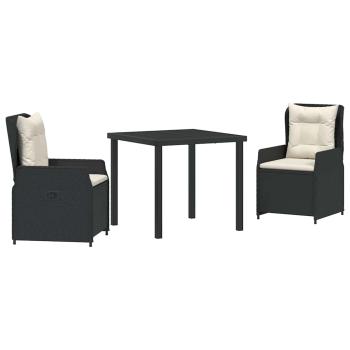 3-teiliges Garten-Essset Schwarz Poly-Rattan, Gartentisch Schwarz 80x80x73 cm Sicherheitsglas