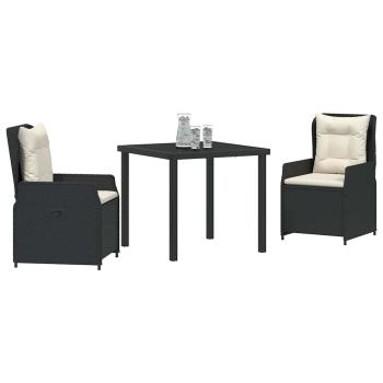 3-teiliges Garten-Essset Schwarz Poly-Rattan, Gartentisch Schwarz 80x80x73 cm Sicherheitsglas
