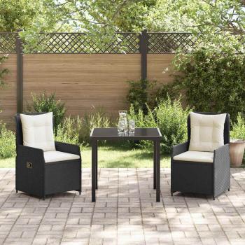 3-teiliges Garten-Essset Schwarz Poly-Rattan, Gartentisch Schwarz 80x80x73 cm Sicherheitsglas