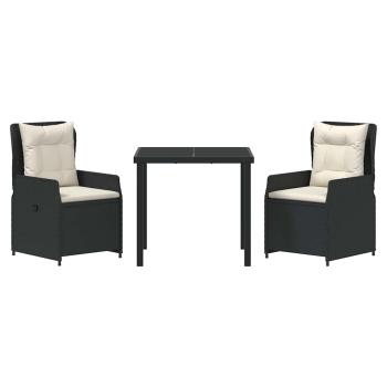 3-teiliges Garten-Essset Schwarz Poly-Rattan, Gartentisch Schwarz 80x80x73 cm Sicherheitsglas
