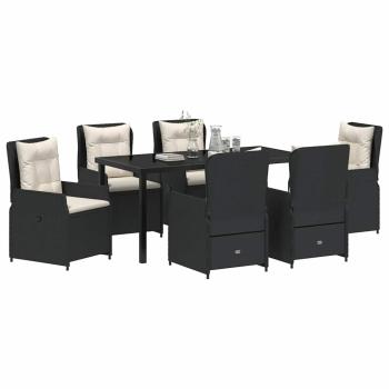 7-teiliges Garten Esszimmer Set Schwarz Poly-Rattan, Gartentisch Schwarz 160x80x73 cm Sicherheitsglas