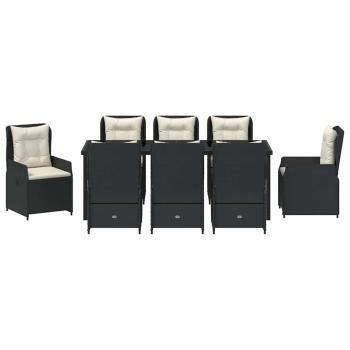 9-teiliges Garten-Essgruppe Schwarz Poly Rattan, Gartentisch Schwarz 200x80x73 cm aus gehärtetem Glas