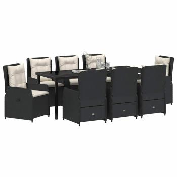 9-teiliges Garten-Essgruppe Schwarz Poly Rattan, Gartentisch Schwarz 200x80x73 cm aus gehärtetem Glas