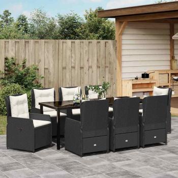9-teiliges Garten-Essgruppe Schwarz Poly Rattan, Gartentisch Schwarz 200x80x73 cm aus gehärtetem Glas