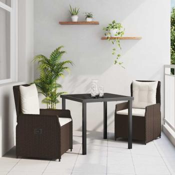 ARDEBO.de - 3-teiliges Garten Essset Braunes Poly-Rattan, Gartentisch Schwarz 80x80x73 cm Getempertes Glas