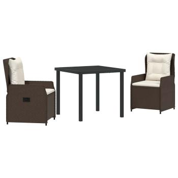 3-teiliges Garten Essset Braunes Poly-Rattan, Gartentisch Schwarz 80x80x73 cm Getempertes Glas