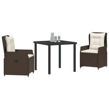 3-teiliges Garten Essset Braunes Poly-Rattan, Gartentisch Schwarz 80x80x73 cm Getempertes Glas