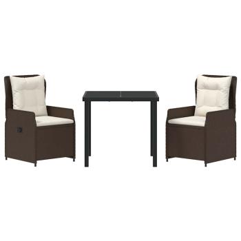 3-teiliges Garten Essset Braunes Poly-Rattan, Gartentisch Schwarz 80x80x73 cm Getempertes Glas