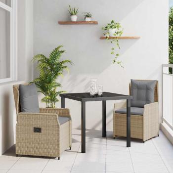 ARDEBO.de - 3-teiliges Garten Essset Beiges Poly Rattan, Gartentisch Schwarz 80x80x73 cm Tempered Glass