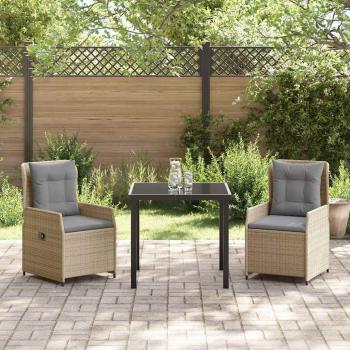 3-teiliges Garten Essset Beiges Poly Rattan, Gartentisch Schwarz 80x80x73 cm Tempered Glass