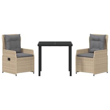 3-teiliges Garten Essset Beiges Poly Rattan, Gartentisch Schwarz 80x80x73 cm Tempered Glass
