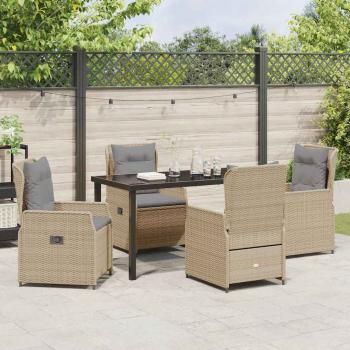 5-teiliges Garten Essgruppe Beige Poly-Rattan, Gartentisch Schwarz 140x80x73 cm Temperglas