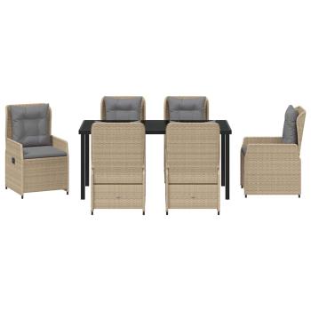7-teiliges Garten Essgruppe Beige Poly Rattan, Gartentisch Schwarz 160x80x73 cm Sicherheitsglas