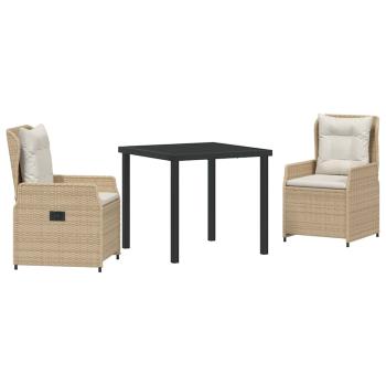 3-teiliges Garten Essset Beige Poly-Rattan, Gartentisch Schwarz 80x80x73 cm Temperglas