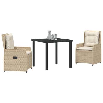 3-teiliges Garten Essset Beige Poly-Rattan, Gartentisch Schwarz 80x80x73 cm Temperglas