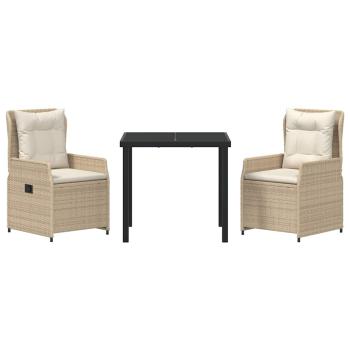 3-teiliges Garten Essset Beige Poly-Rattan, Gartentisch Schwarz 80x80x73 cm Temperglas