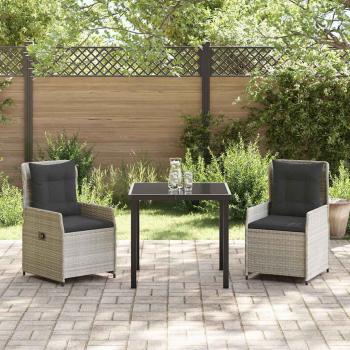 3-teiliges Garten Essset Hellgraues Poly Rattan, Gartentisch Schwarz 80x80x73 cm Sicherheitsglas