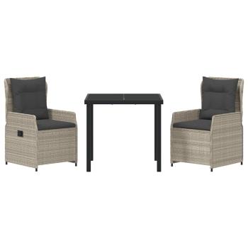 3-teiliges Garten Essset Hellgraues Poly Rattan, Gartentisch Schwarz 80x80x73 cm Sicherheitsglas