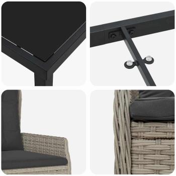 3-teiliges Garten Essset Hellgraues Poly Rattan, Gartentisch Schwarz 80x80x73 cm Sicherheitsglas