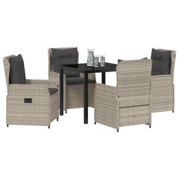 5-teiliges Garten Esstisch Set Hellgrau Poly Rattan, Gartentisch Schwarz 80x80x73 cm Gehärtetes Glas