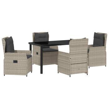5-teiliges Garten Essenset Hellgrau Poly Rattan, Gartentisch Schwarz 140x80x73 cm Temperglas