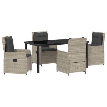 5-teiliges Garten Essset Hellgrau Poly Rattan, Gartentisch Schwarz 160x80x73 cm Sicherheitsglas