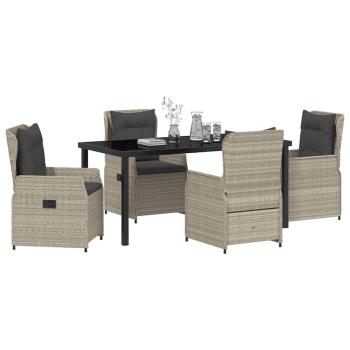 5-teiliges Garten Essset Hellgrau Poly Rattan, Gartentisch Schwarz 160x80x73 cm Sicherheitsglas