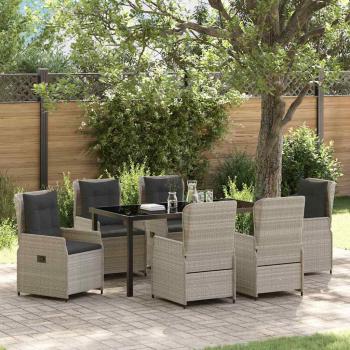 ARDEBO.de - 7-teiliges Garten Essset Hellgrau Poly-Rattan, Gartentisch Schwarz 160x80x73 cm Sicherheitsglas