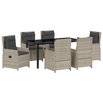 7-teiliges Garten Essset Hellgrau Poly-Rattan, Gartentisch Schwarz 160x80x73 cm Sicherheitsglas