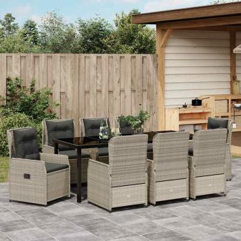 9-teiliges Garten Esszimmer Set Hellgrau Poly Rattan, Gartentisch Schwarz 200x80x73 cm mit Temperglas