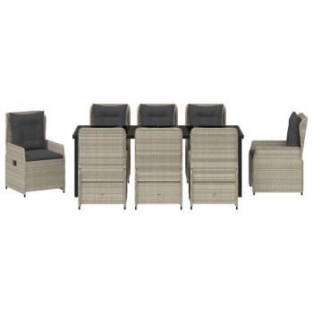 9-teiliges Garten Esszimmer Set Hellgrau Poly Rattan, Gartentisch Schwarz 200x80x73 cm mit Temperglas