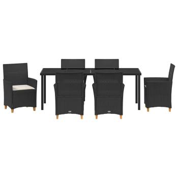 7-teiliges Garten-Dining-Set mit Kissen - Schwarzes Poly-Rattan