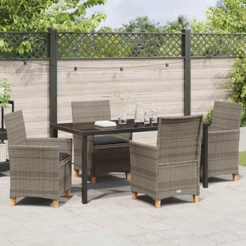 5-teiliges Garten-Esszimmer-Set mit Kissen Grau Poly-Rattan