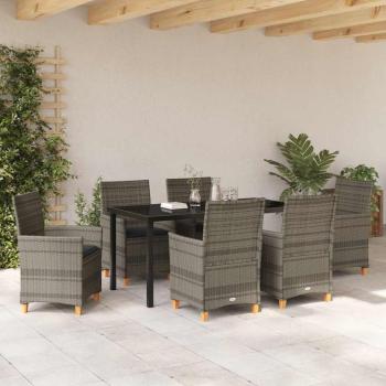 7-teiliges Garten-Ess-Set mit Kissen Grau Poly-Rattan