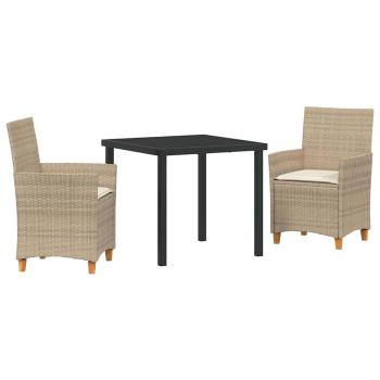 3-teiliges Garten-Ess-Set mit Kissen Beige Poly-Rattan