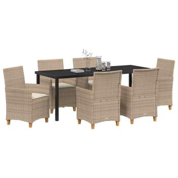 7-teiliges Garten-Ess-Set mit Kissen Beige Poly Rattan