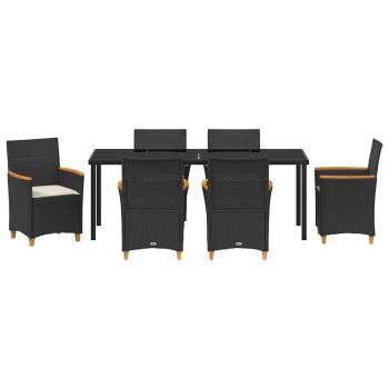 7-teiliges Garten-Ess-Set mit Kissen Schwarz Poly-Rattan
