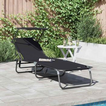 ARDEBO.de - Faltbare Sonnenliege mit Sonnendach Schwarz 600D Oxford-Gewebe