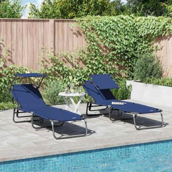 ARDEBO.de - Klappbare Sonnenliegen 2 Stück mit Sonnendach Blau 600D Oxford Stoff