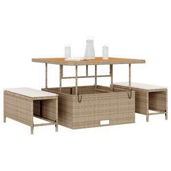 3-teiliges Garten-Esstischset mit Kissen in Beige, Poly-Rattan, Akazie