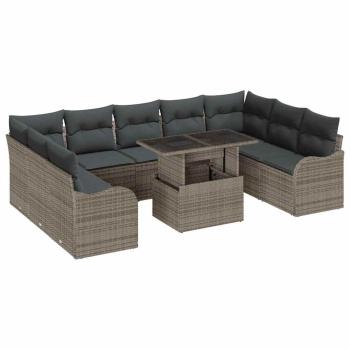 10-teilige Garten Sofa Set mit Kissen Grau Poly Rattan, 2-Sitzer Garten Sofa mit Kissen Grau Poly Rattan