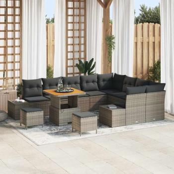 ARDEBO.de - 12-teiliges Garten Sofa Set mit Kissen Grau Poly Rattan Akazie, 3-teiliges Garten Essset mit Kissen Grau Poly Rattan Akazie, 2-Sitzer Garten Sofa mit Kissen Grau Poly Rattan