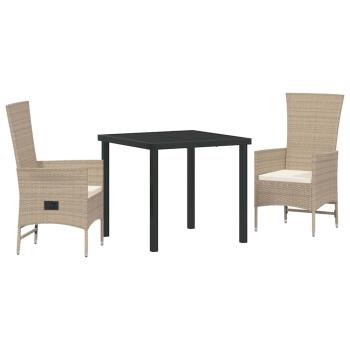 3-teiliges Garten-Esszimmer-Set mit Kissen Beige Poly Rattan
